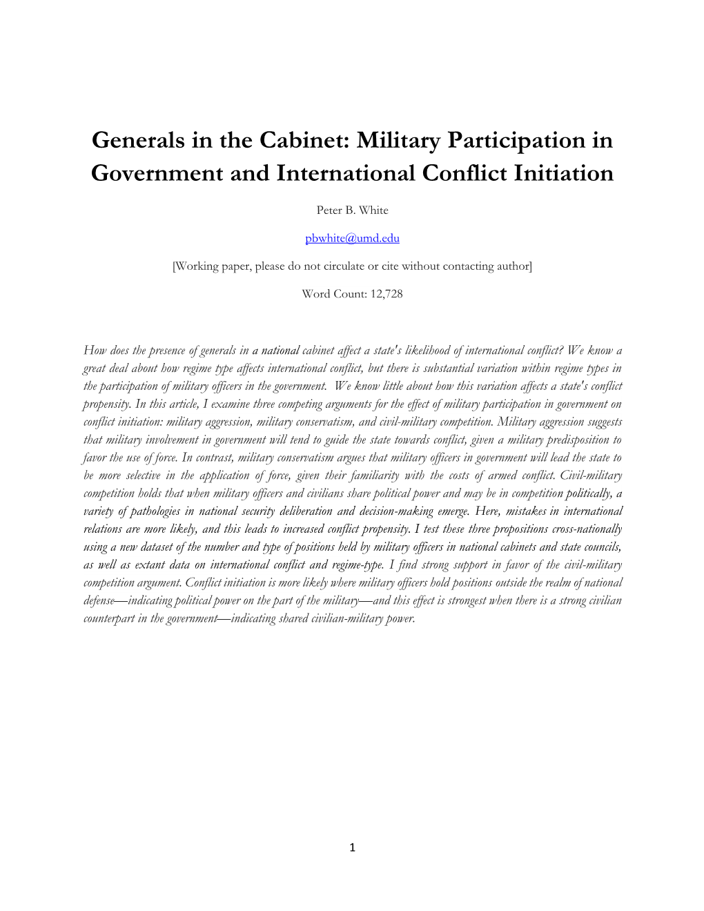 Generals in the Cabinet: Military Participation in Government and International Conflict Initiation