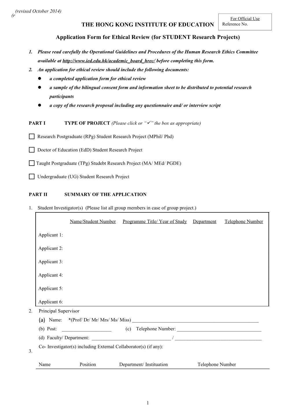 Application Form for Ethical Review (For STUDENT Research Projects)