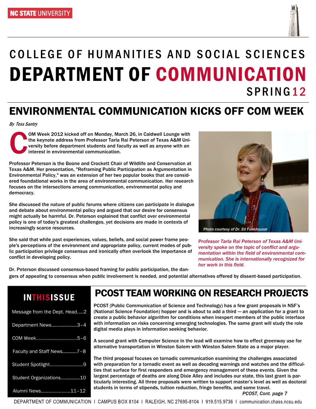 DEPARTMENT of COMMUNICATION SPRING 12 ENVIRONMENTAL COMMUNICATION KICKS OFF COM WEEK by Tess Santry