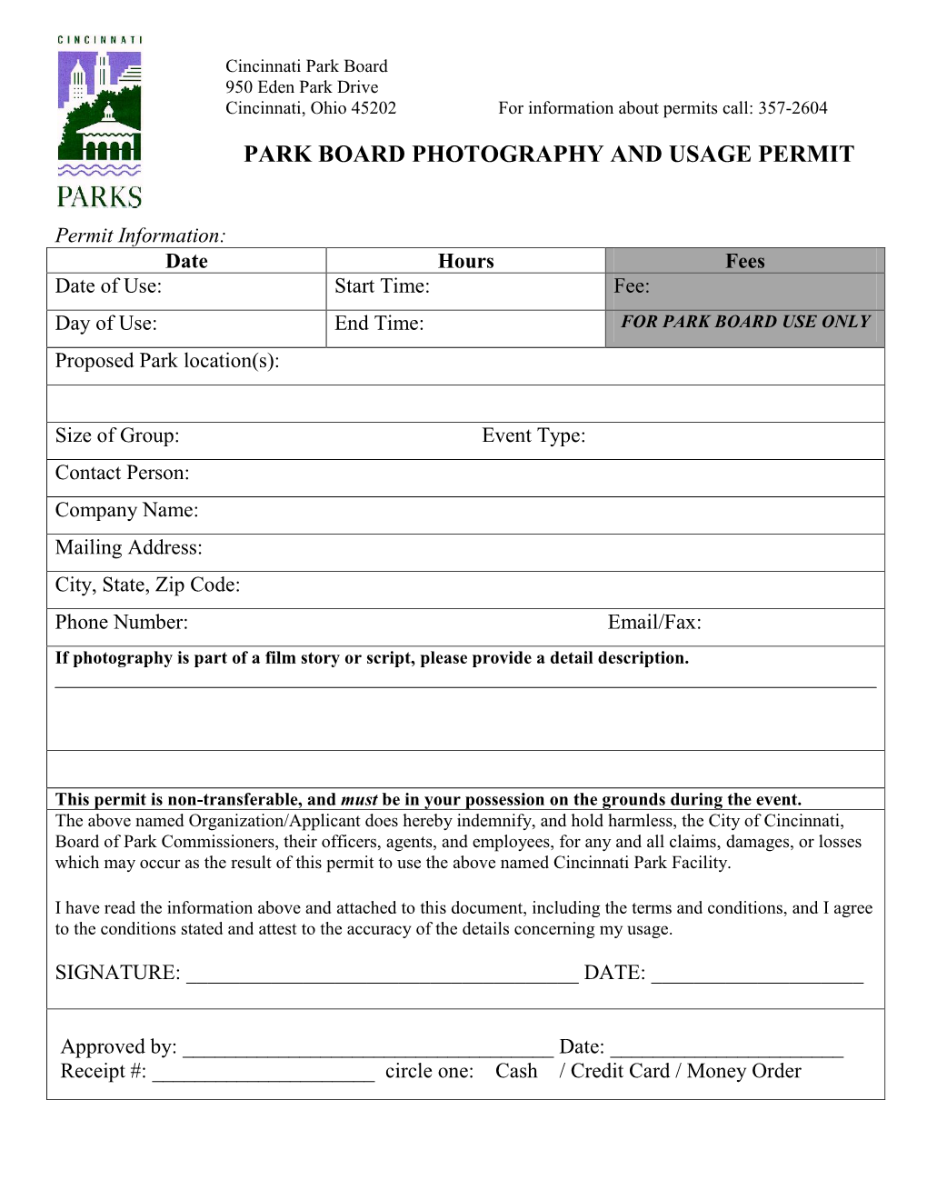 Park Board Photography and Usage Permit