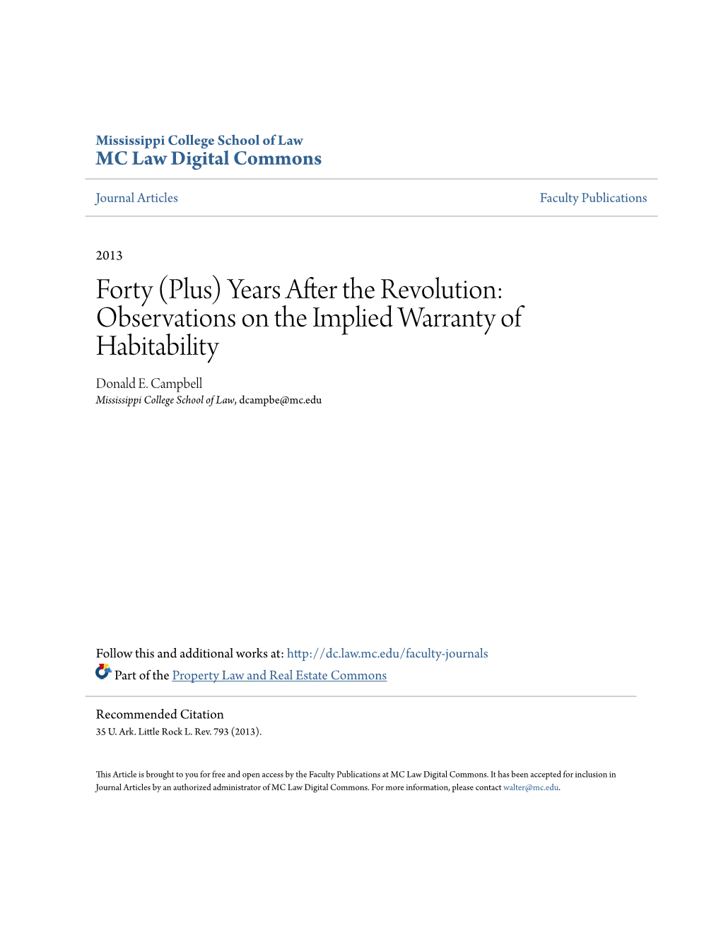 Observations on the Implied Warranty of Habitability Donald E