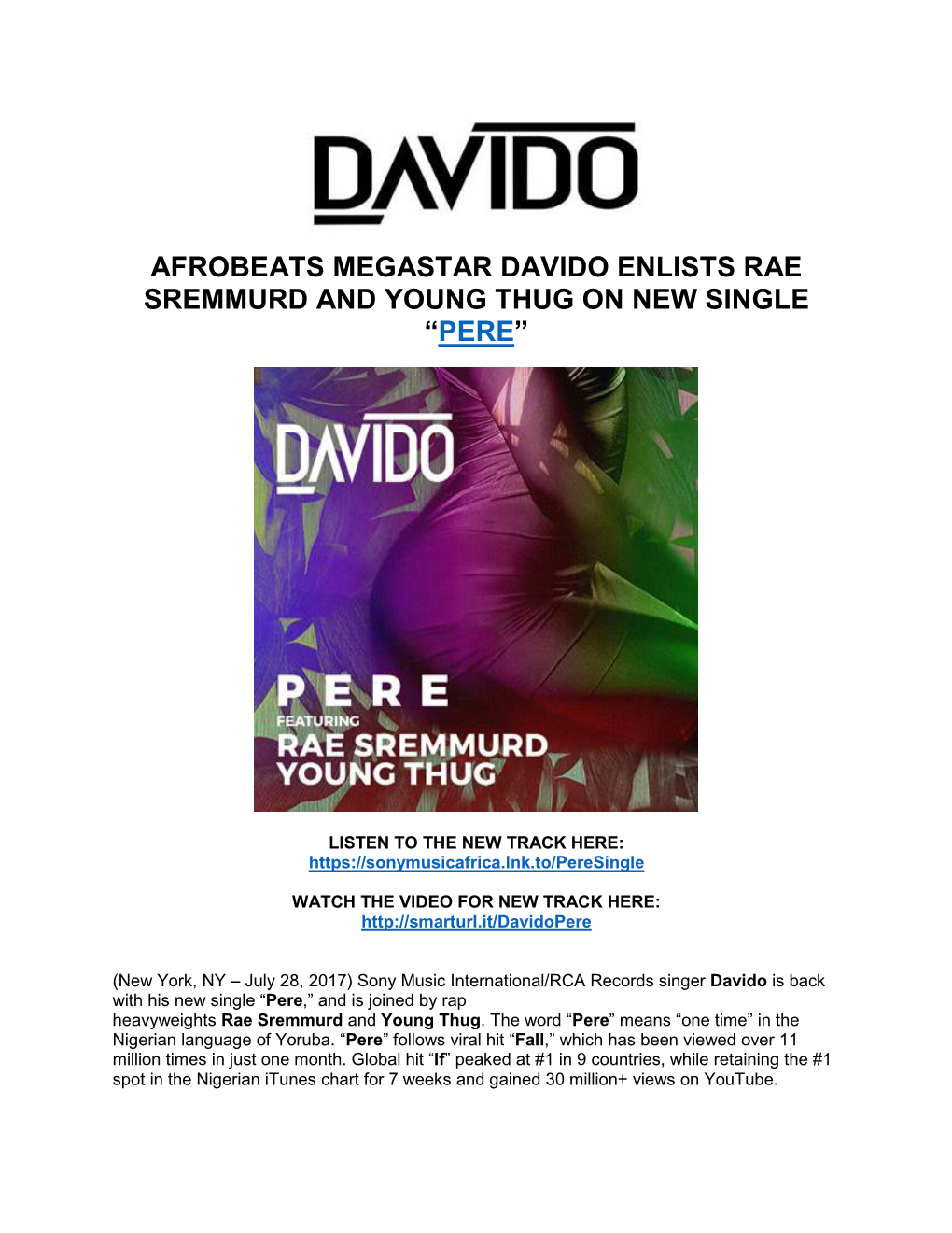 Afrobeats Megastar Davido Enlists Rae Sremmurd and Young Thug on New Single “Pere”