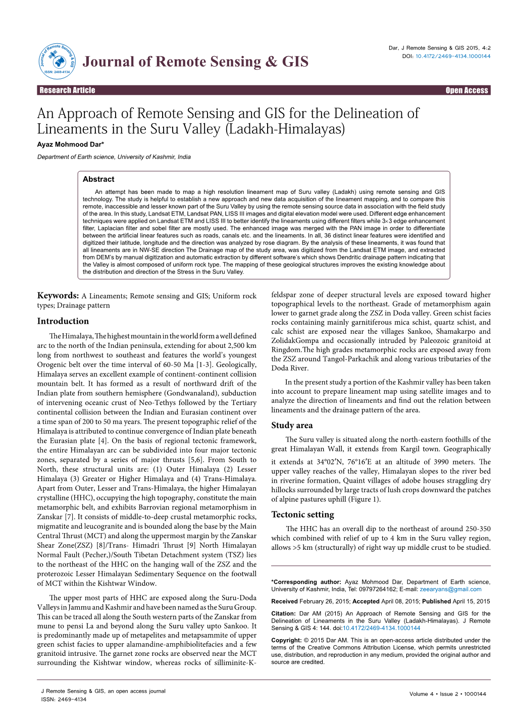 An Approach of Remote Sensing and GIS for the Delineation of Lineaments in the Suru Valley