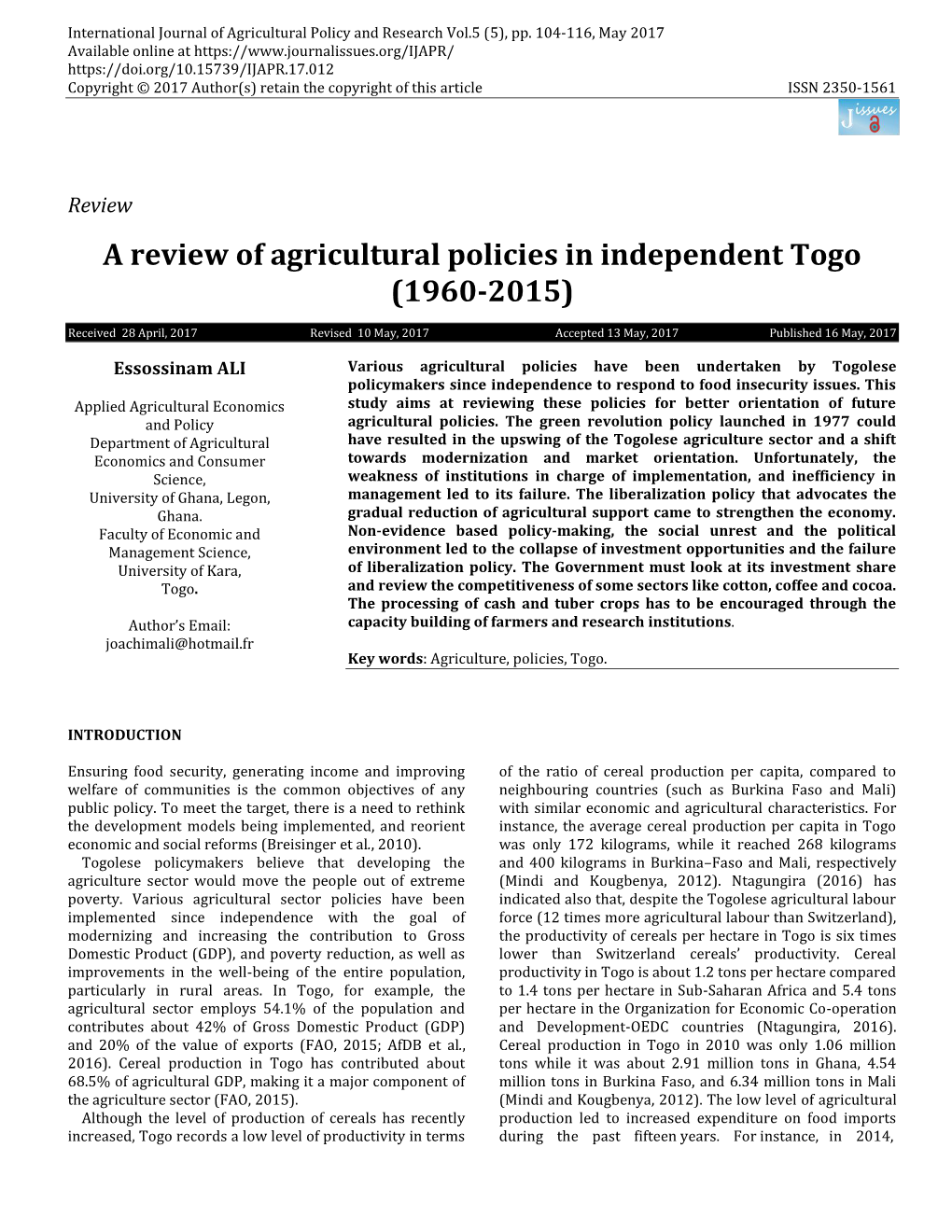 A Review of Agricultural Policies in Independent Togo (1960-2015)