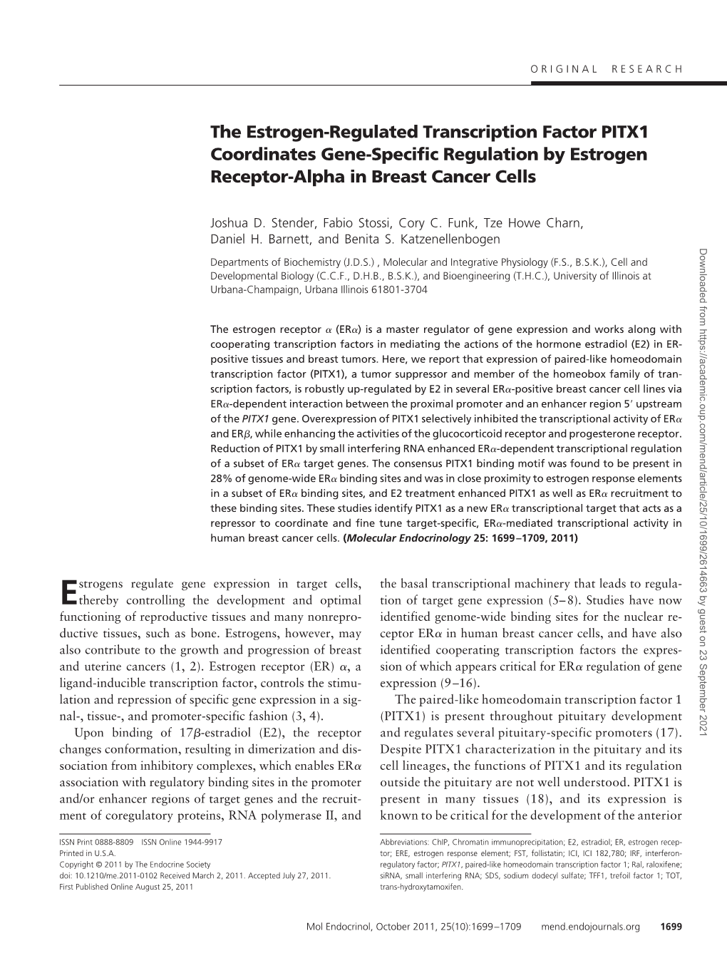 The Estrogen-Regulated Transcription Factor PITX1 Coordinates Gene-Specific Regulation by Estrogen Receptor-Alpha in Breast Cancer Cells