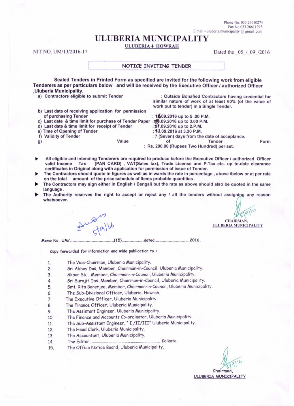 Notice Inviting Tender Under Memo No. NIT NO