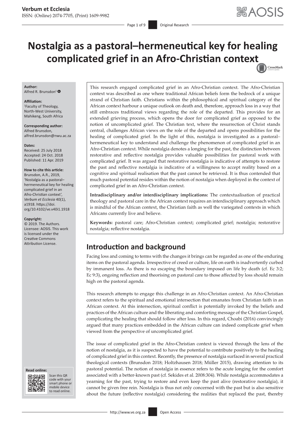 Nostalgia As a Pastoral–Hermeneutical Key for Healing Complicated Grief in an Afro-Christian Context