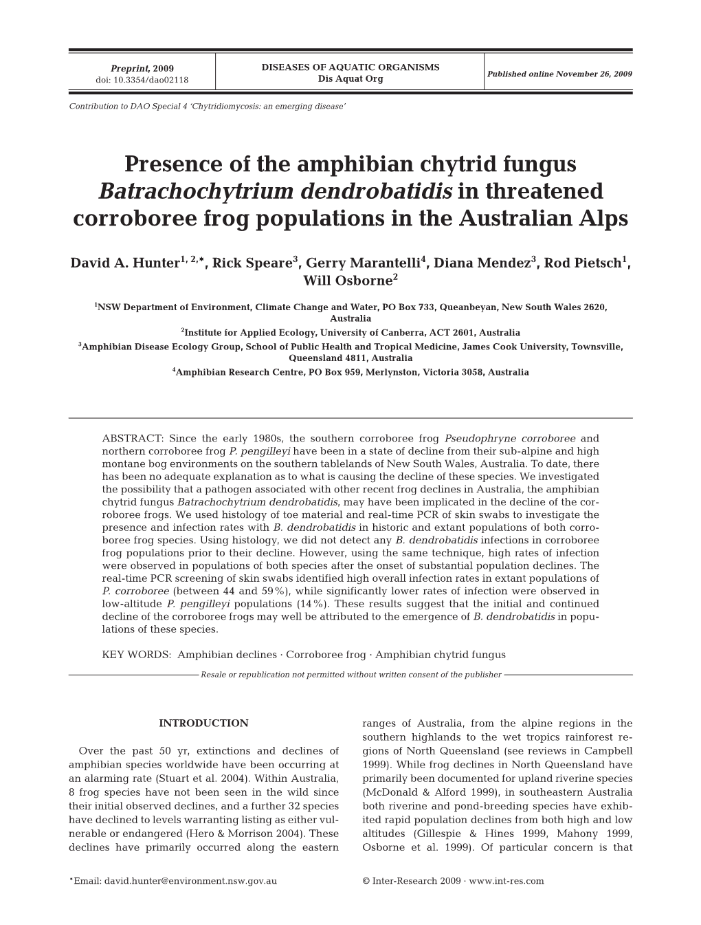 Presence of the Amphibian Chytrid Fungus Batrachochytrium Dendrobatidis in Threatened Corroboree Frog Populations in the Australian Alps