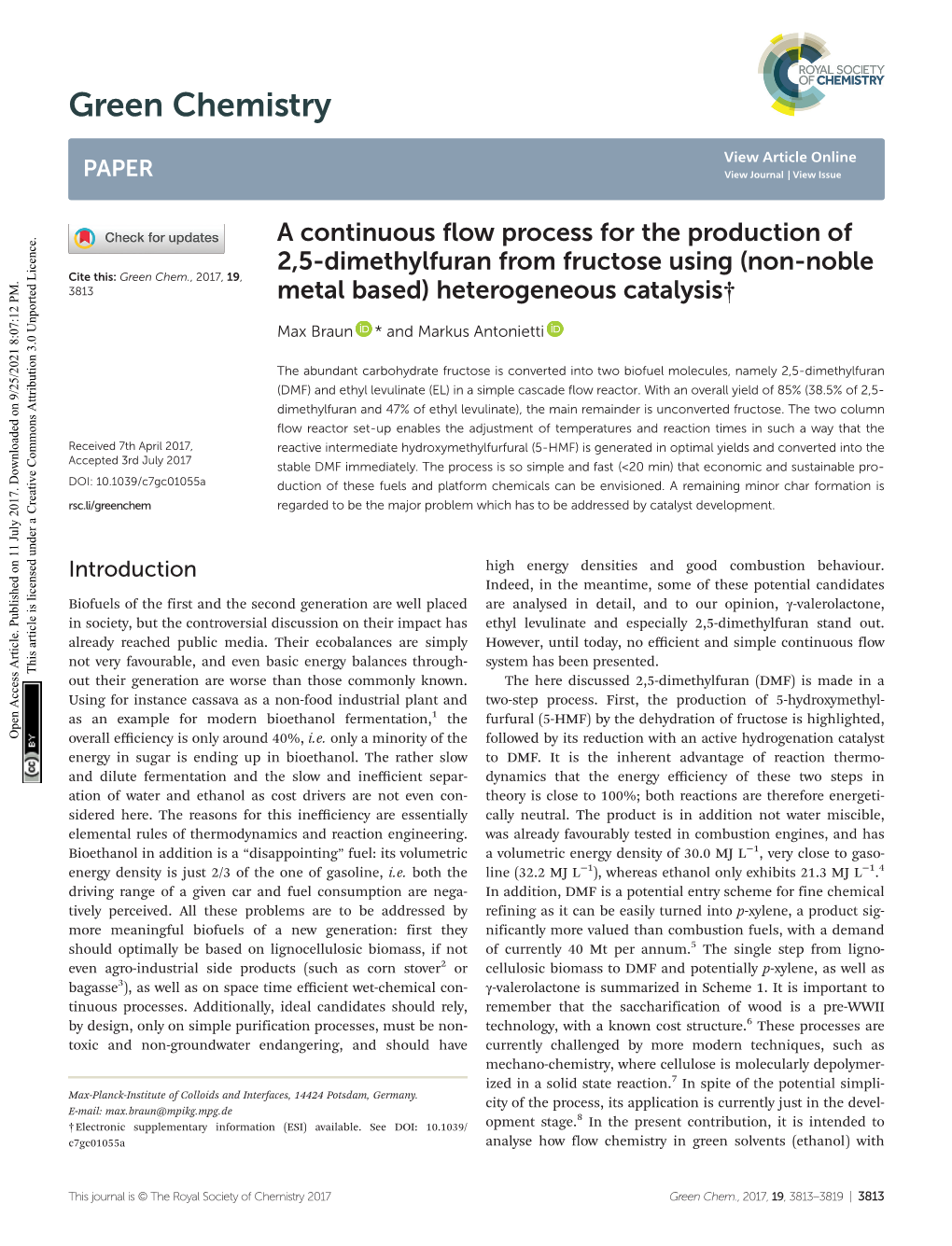 A Continuous Flow Process for the Production of 2, 5-Dimethylfuran