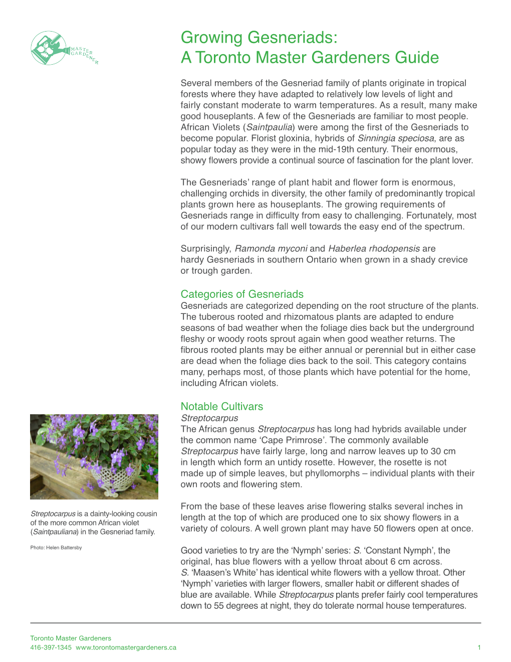 Growing Gesneriads: a Toronto Master Gardeners Guide