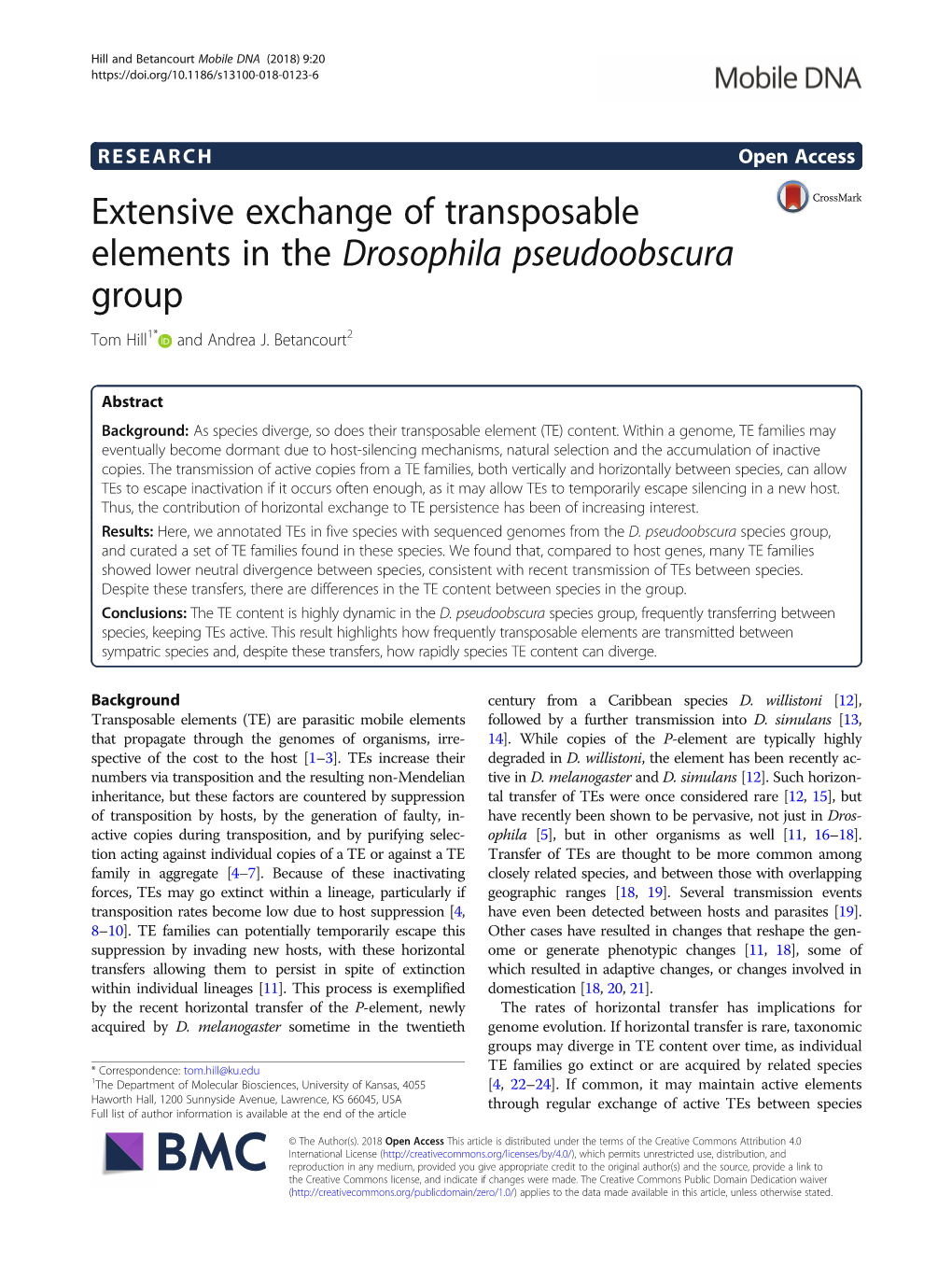 Extensive Exchange of Transposable Elements in the Drosophila Pseudoobscura Group Tom Hill1* and Andrea J
