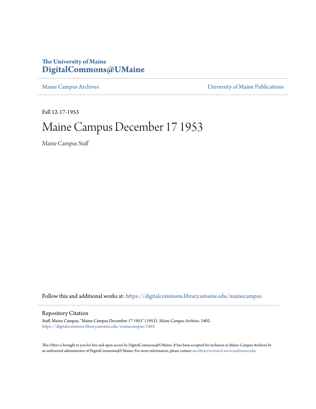 Maine Campus December 17 1953 Maine Campus Staff