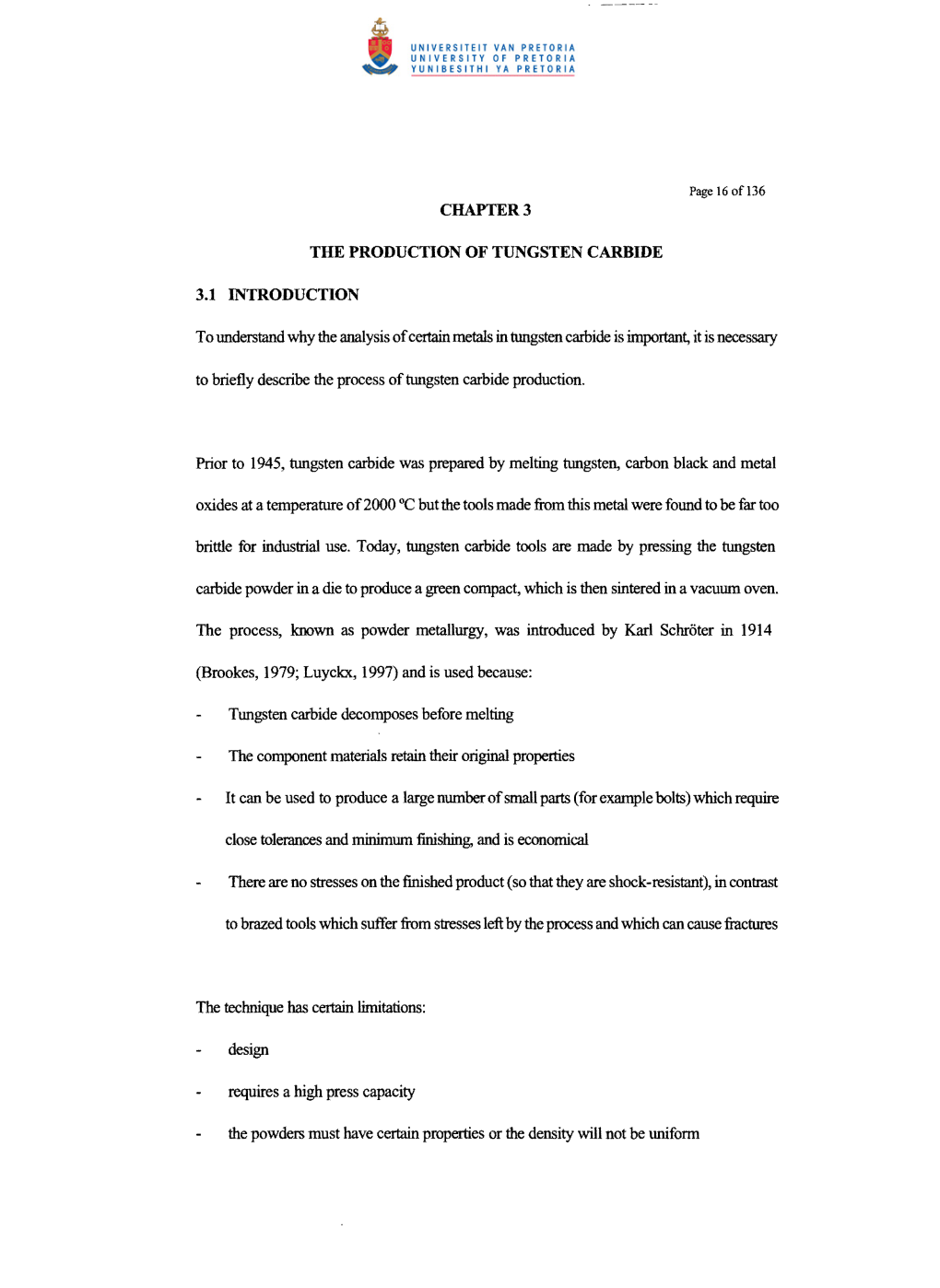 Chapter 3 the Production of Tungsten Carbide 3.1