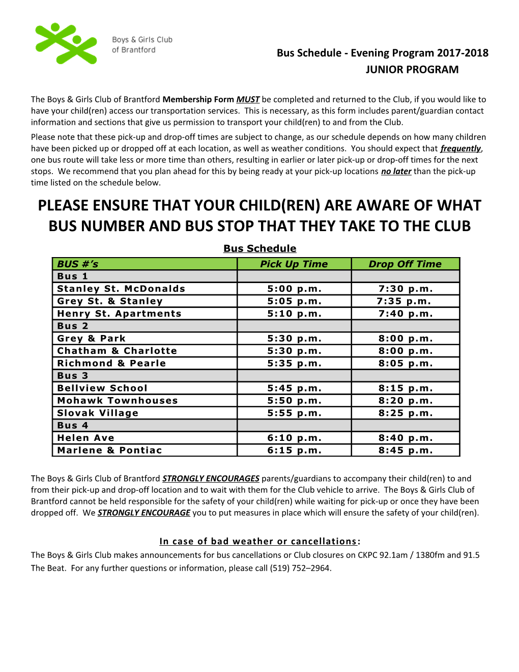 Bus Schedule-Evening Program 2017-2018