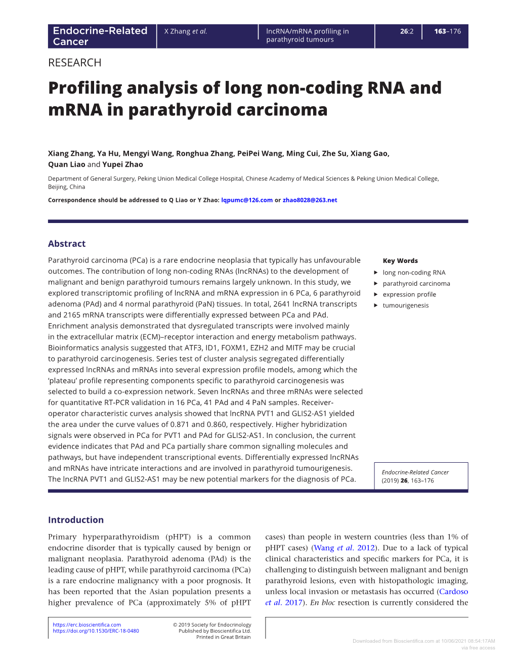 Profiling Analysis of Long Non-Coding RNA and Mrna in Parathyroid Carcinoma