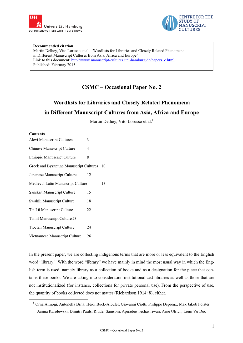 CSMC – Occasional Paper No. 2 Wordlists for Libraries and Closely Related Phenomena in Different Manuscript Cultures From