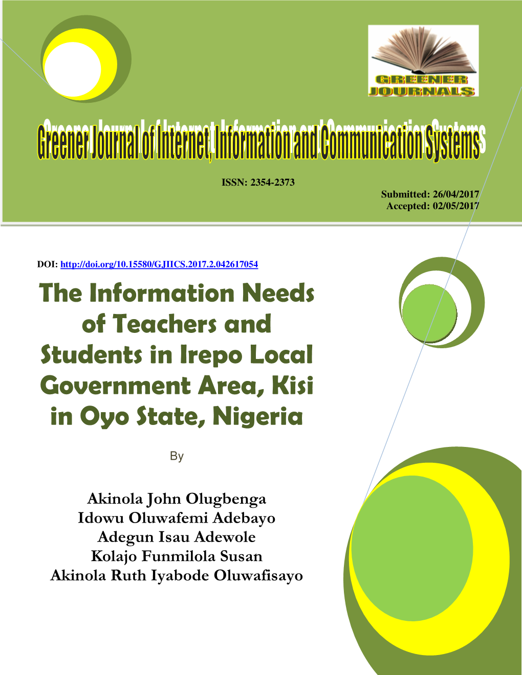 The Information Needs of Teachers and Students in Irepo Local Government Area, Kisi in Oyo State, Nigeria