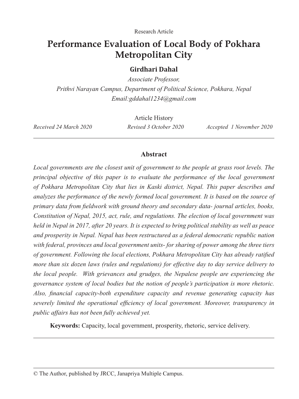 Performance Evaluation of Local Body of Pokhara Metropolitan City