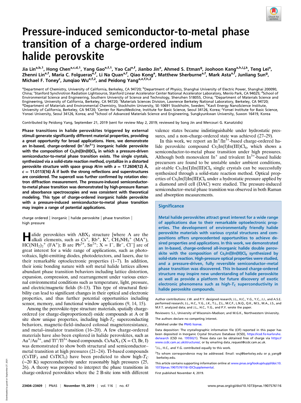 Pressure-Induced Semiconductor-To-Metal Phase Transition of a Charge-Ordered Indium Halide Perovskite