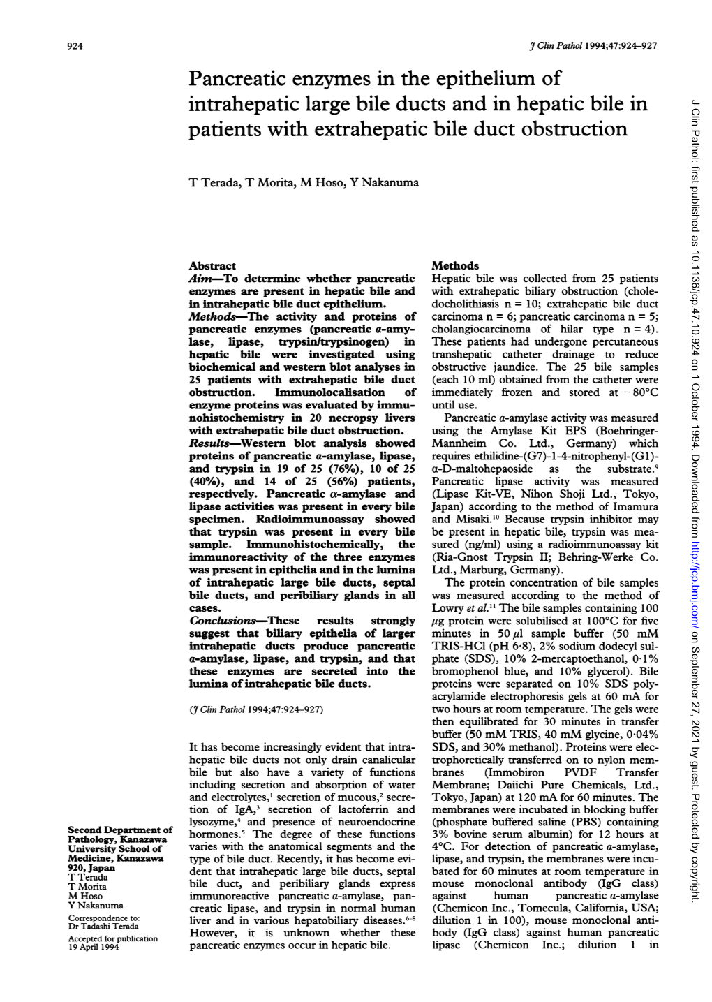 Pancreatic Enzymes in the Epithelium of Intrahepatic Large Bile Ducts and in Hepatic Bile in Patients with Extrahepatic Bile