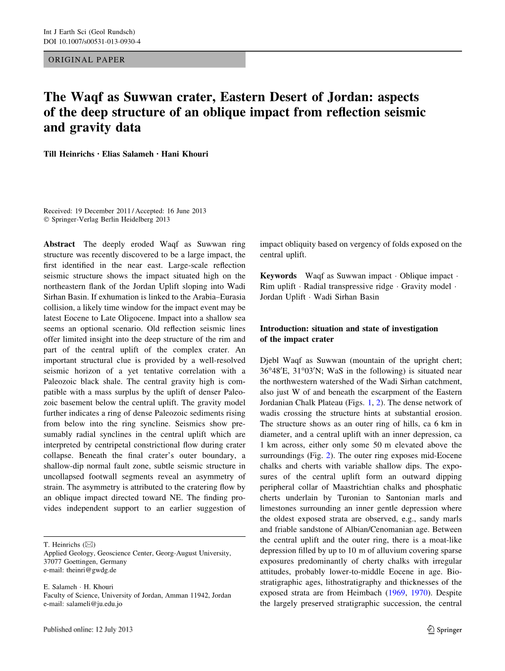 The Waqf As Suwwan Crater, Eastern Desert of Jordan: Aspects of the Deep Structure of an Oblique Impact from Reﬂection Seismic and Gravity Data