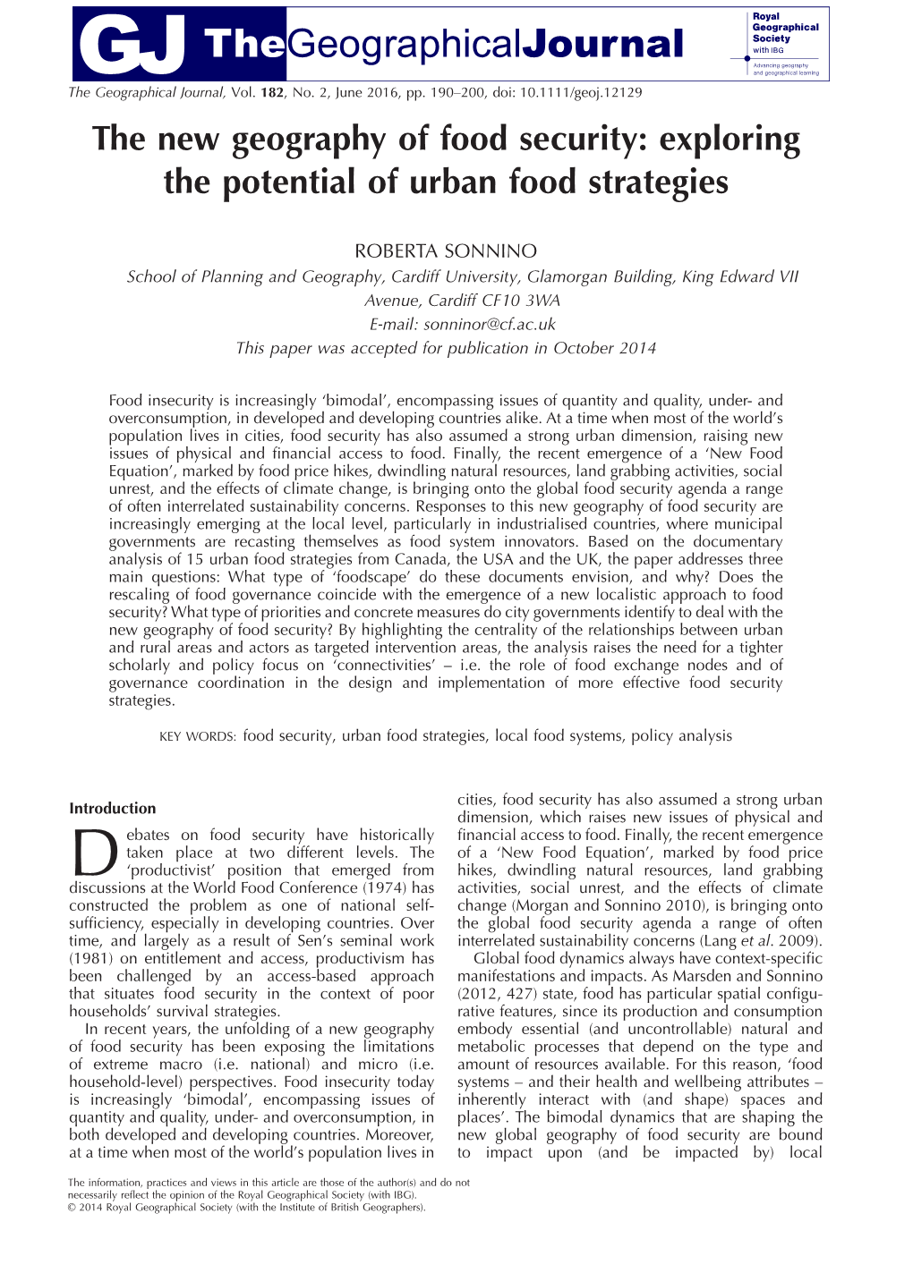 The New Geography of Food Security: Exploring the Potential of Urban Food Strategies