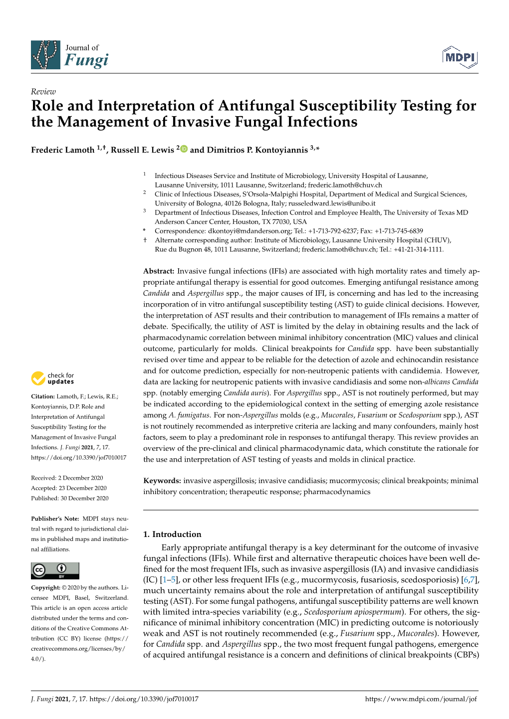 Role and Interpretation of Antifungal Susceptibility Testing for the Management of Invasive Fungal Infections