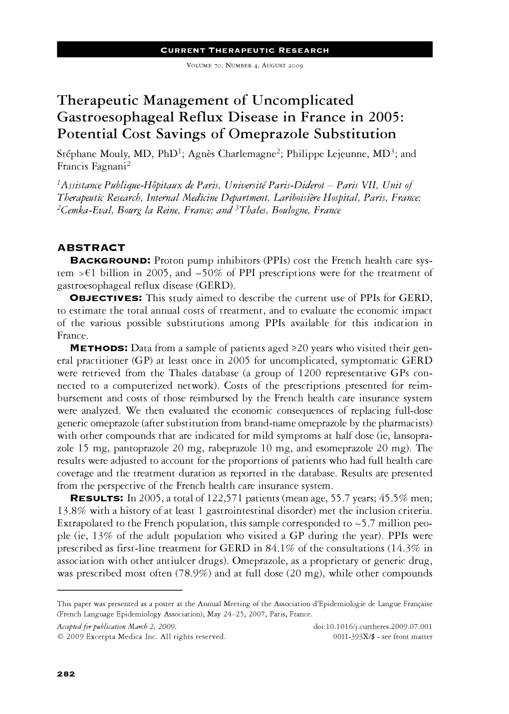 Therapeutic Management of Uncomplicated Gastroesophageal Reflux Disease in France in 2005: Potential Cost Savings of Omeprazole Substitution