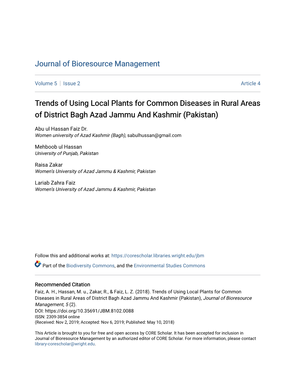 Trends of Using Local Plants for Common Diseases in Rural Areas of District Bagh Azad Jammu and Kashmir (Pakistan)