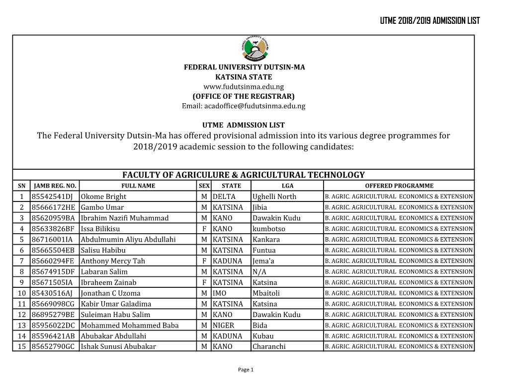 FUDMA UTME Admission LIST