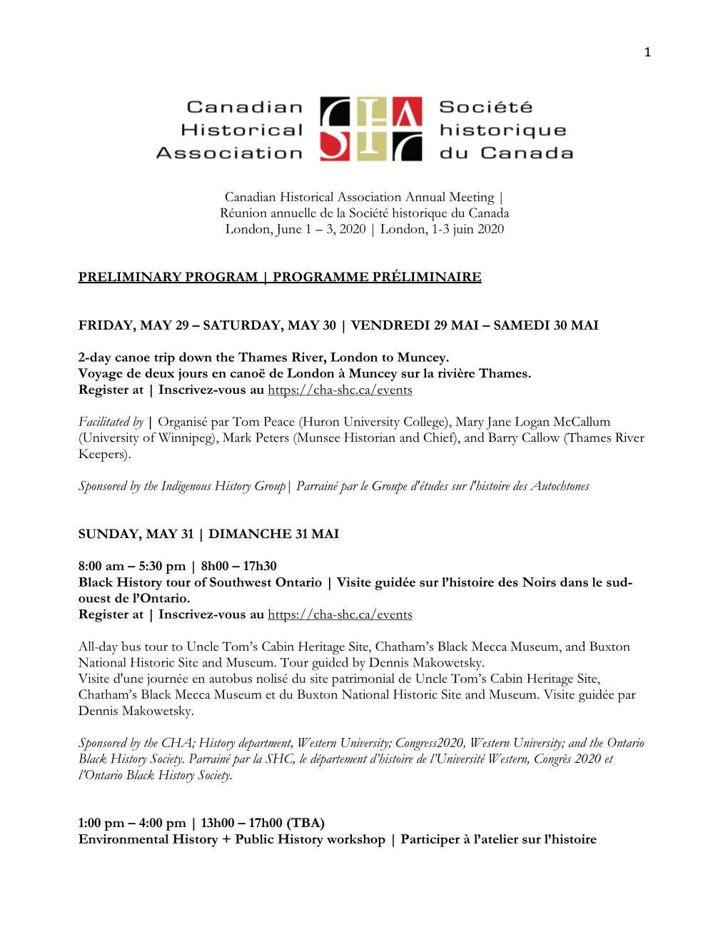 Réunion Annuelle De La Société Historique Du Canada London, June 1 – 3, 2020 | London, 1-3 Juin 2020