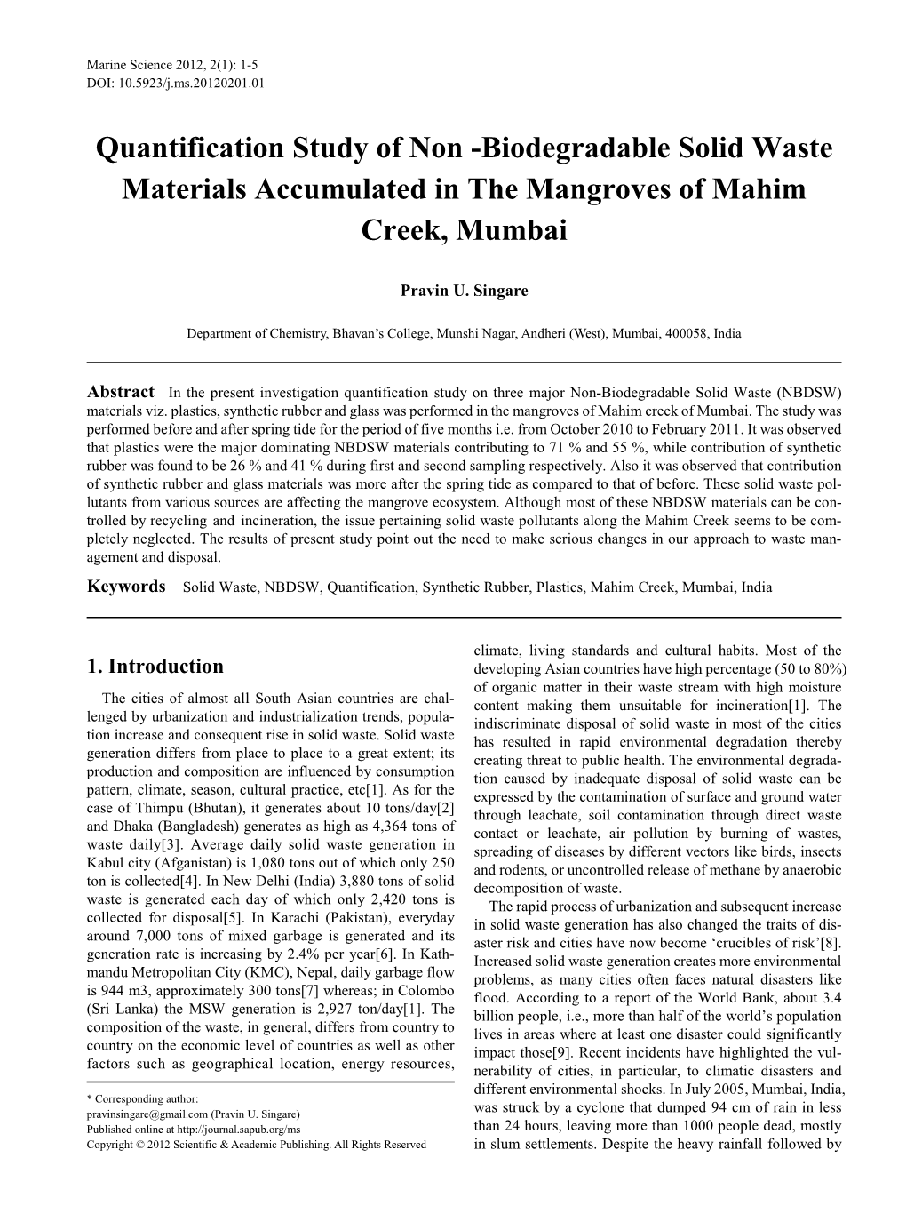 Solid Waste, NBDSW, Quantification, Synthetic Rubber, Plastics, Mahim Creek, Mumbai, India