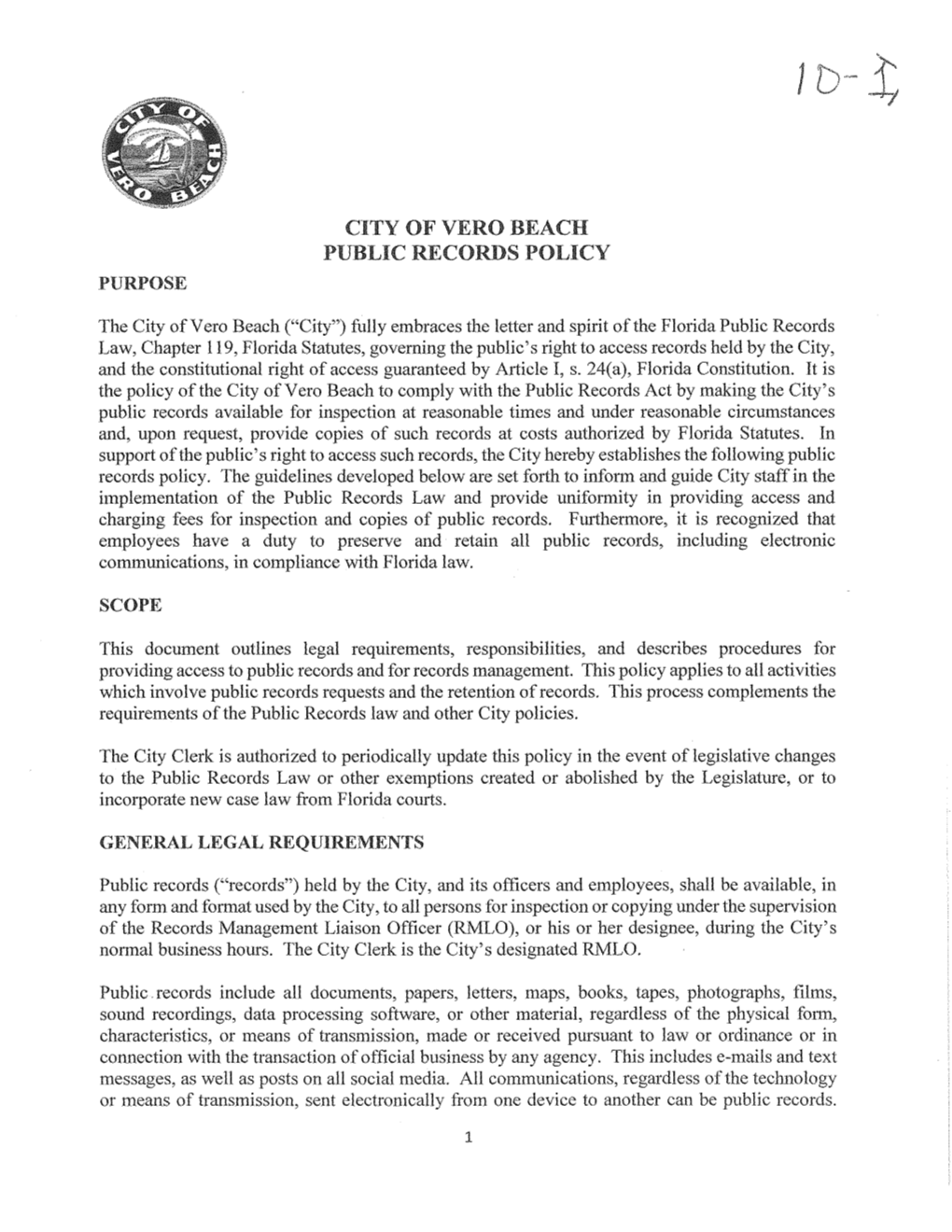 City of Vero Beach Public Records Policy Purpose