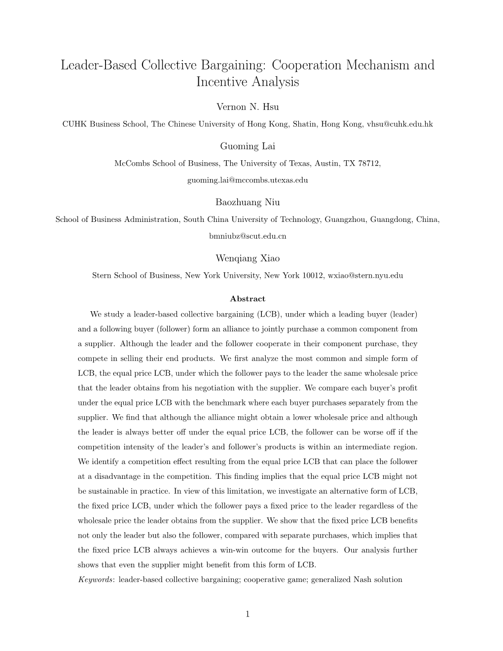 Leader-Based Collective Bargaining: Cooperation Mechanism and Incentive Analysis