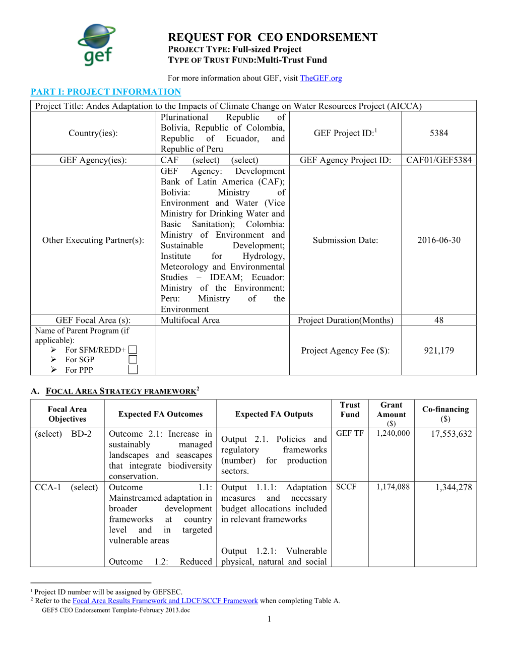 REQUEST for CEO ENDORSEMENT PROJECT TYPE: Full-Sized Project TYPE of TRUST FUND:Multi-Trust Fund