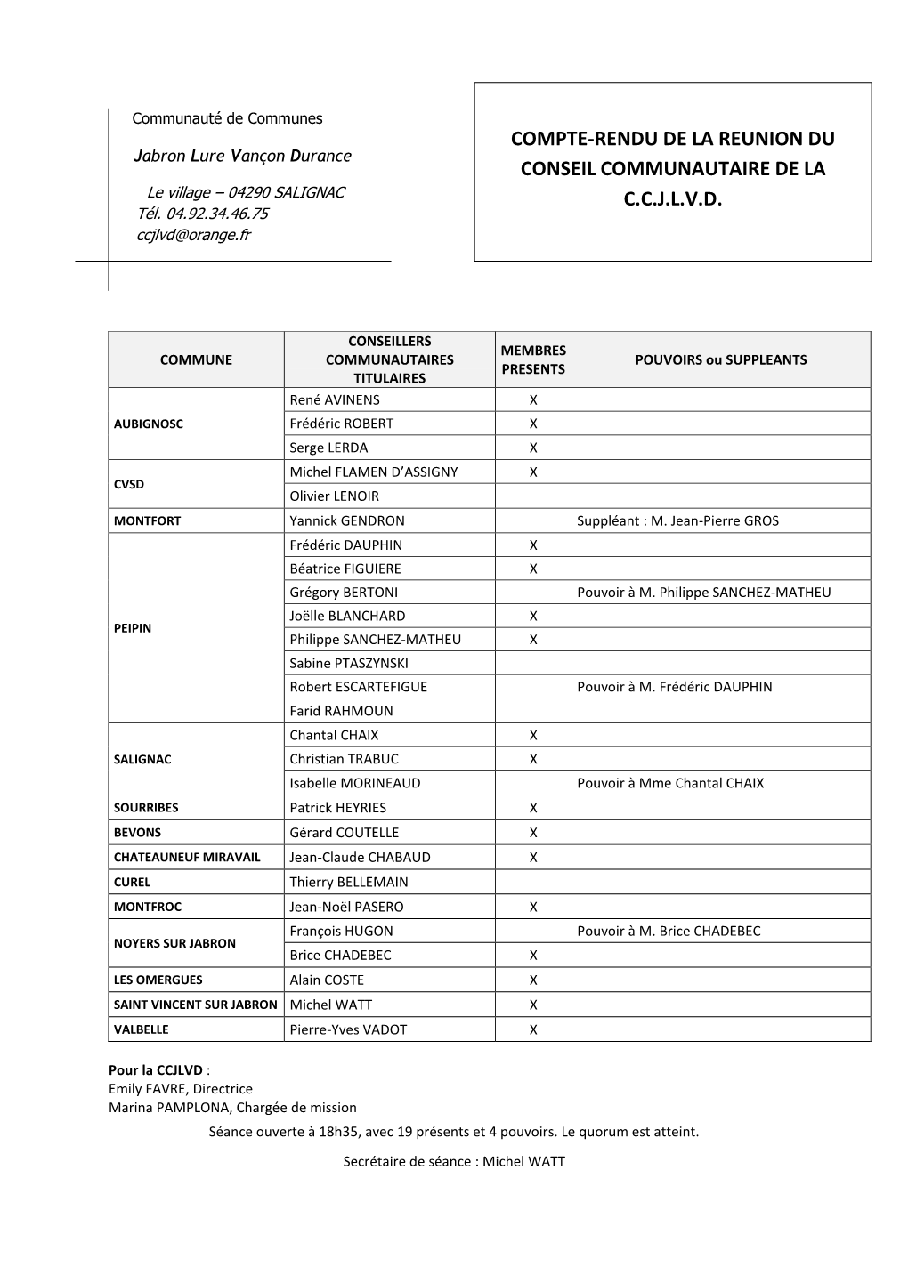 Compte-Rendu De La Reunion Du Conseil Communautaire