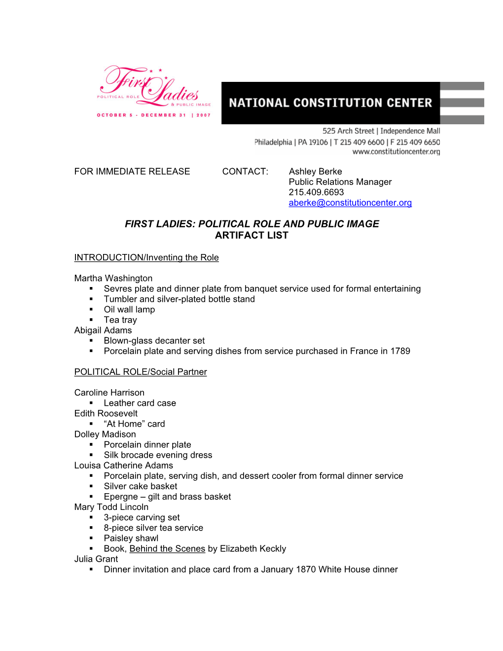 First Ladies: Political Role and Public Image Artifact List