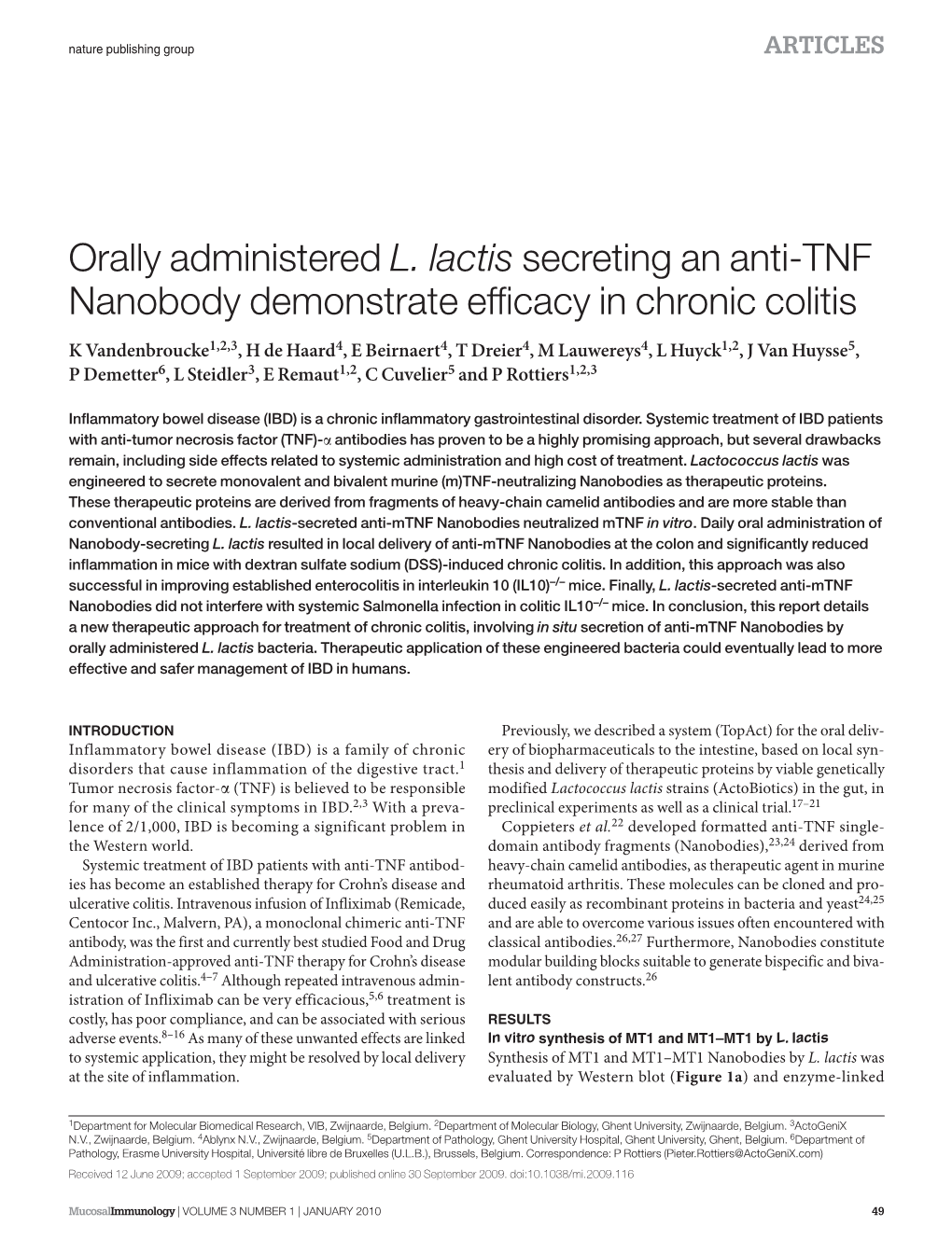 Orally Administered L. Lactis Secreting an Anti-TNF Nanobody Demonstrate Efficacy in Chronic Colitis