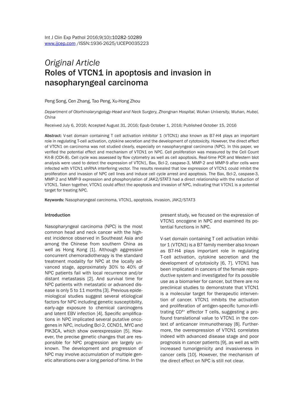 Original Article Roles of VTCN1 in Apoptosis and Invasion in Nasopharyngeal Carcinoma