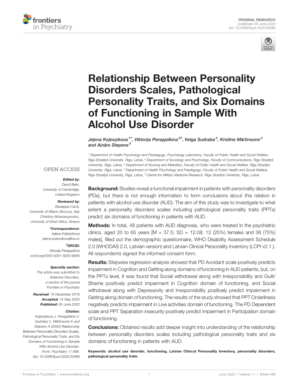 Relationship Between Personality Disorders Scales, Pathological Personality Traits, and Six Domains of Functioning in Sample with Alcohol Use Disorder