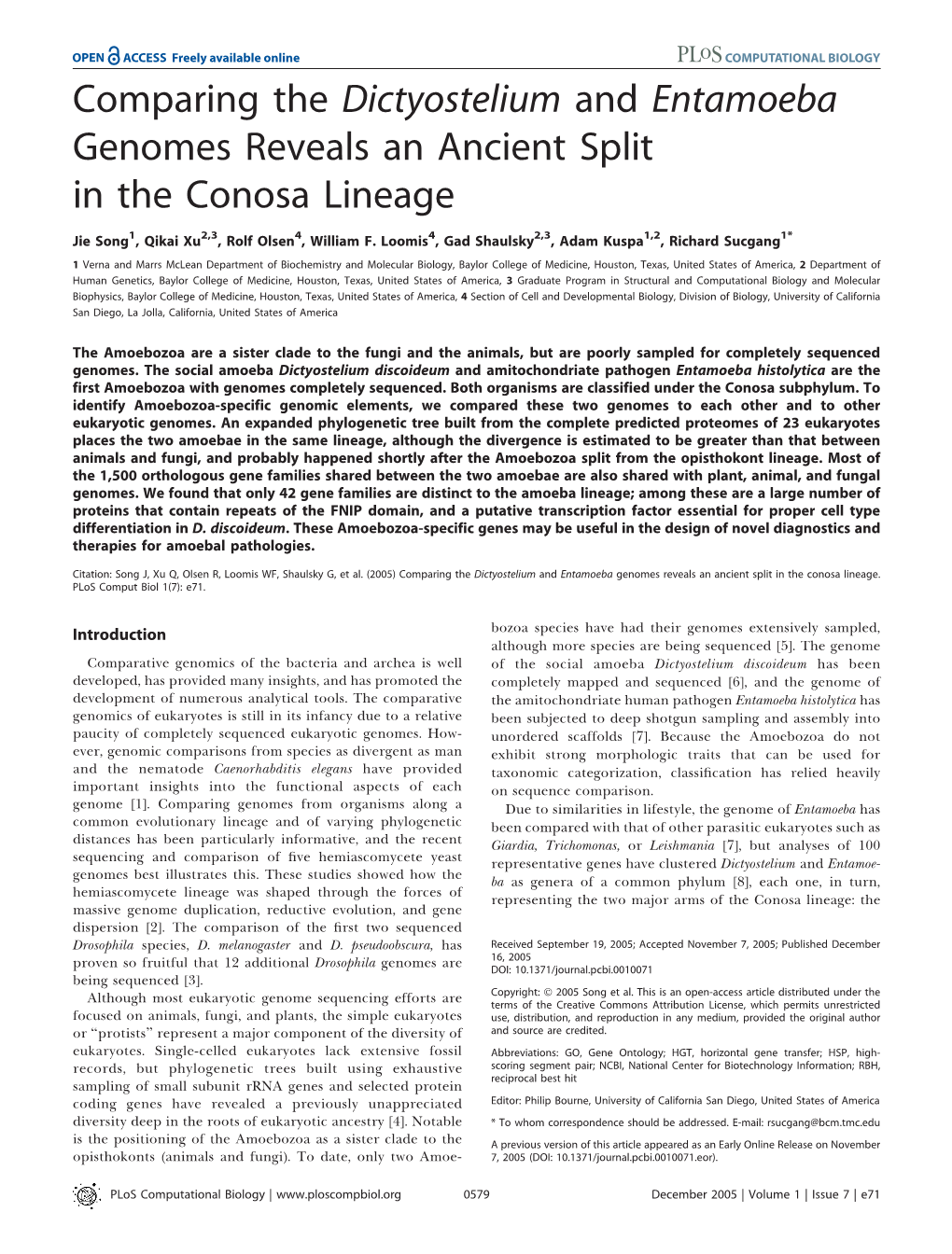 Comparing the Dictyostelium and Entamoeba Genomes Reveals an Ancient Split in the Conosa Lineage