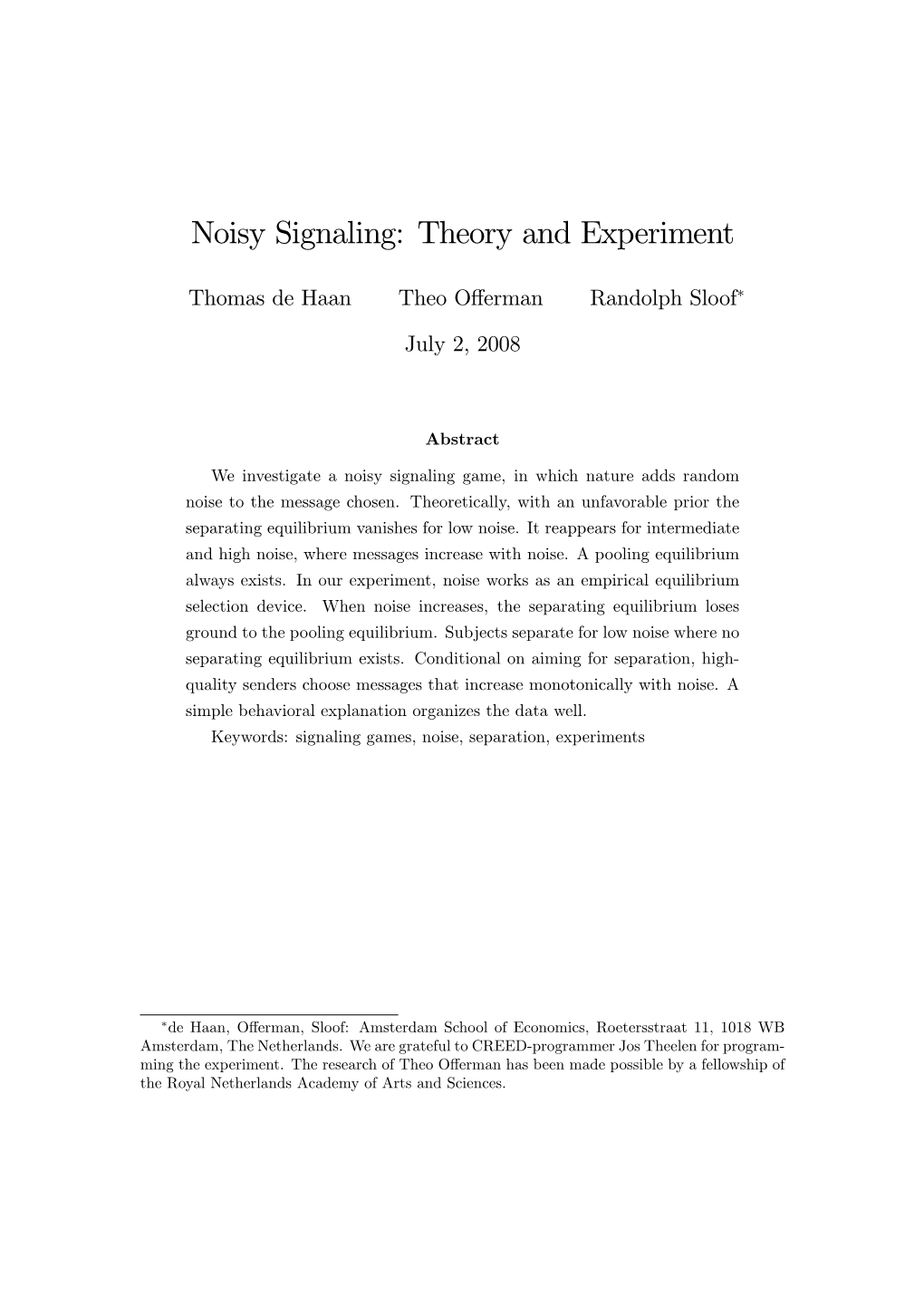 Noisy Signaling: Theory and Experiment