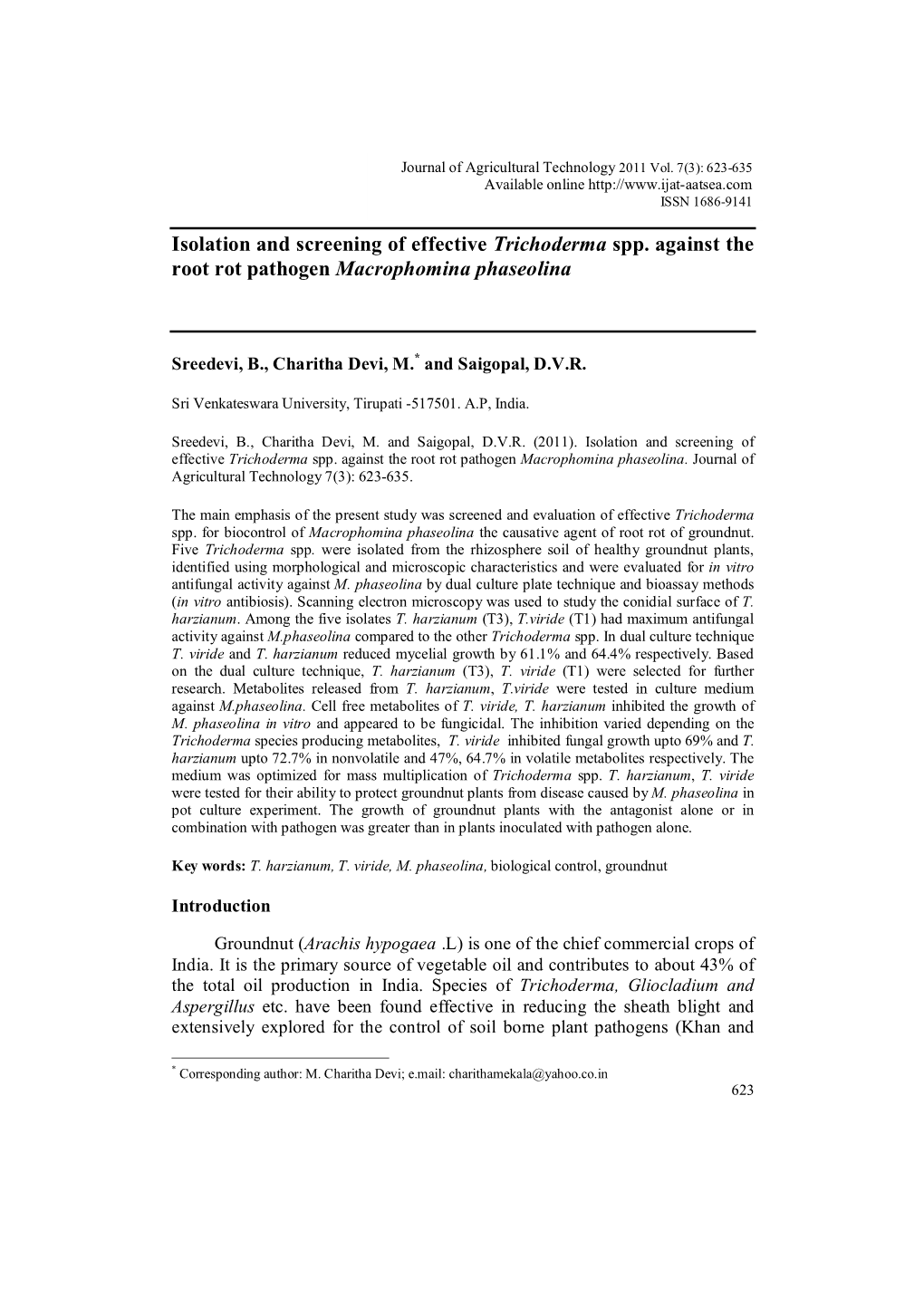 Isolation and Screening of Effective Trichoderma Spp. Against the Root Rot Pathogen Macrophomina Phaseolina