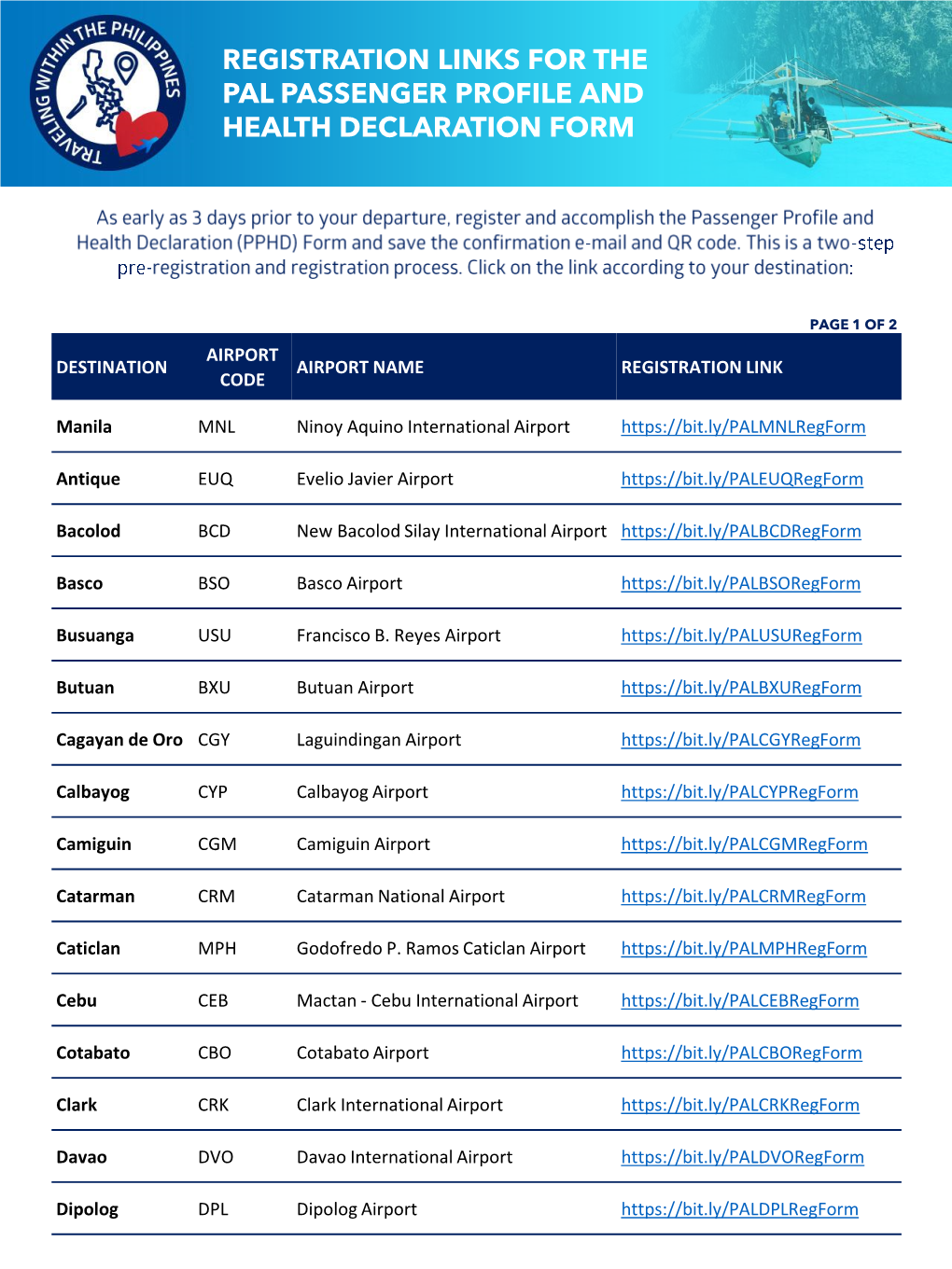 Registration Links for the Pal Passenger Profile and Health Declaration Form