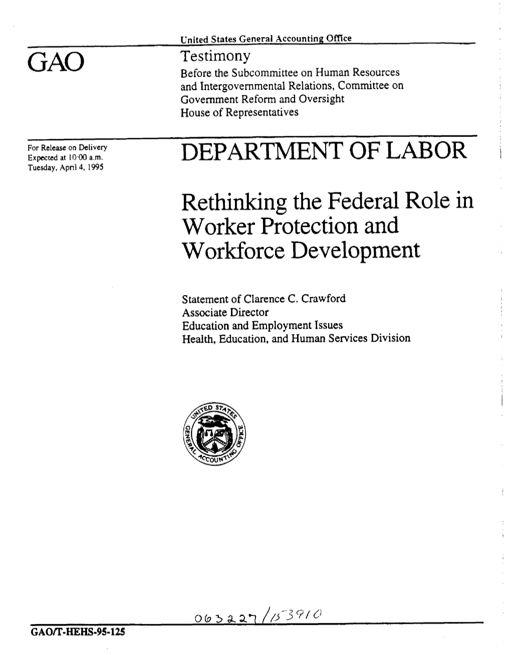 T-HEHS-95-125 Department of Labor: Rethinking the Federal Role In