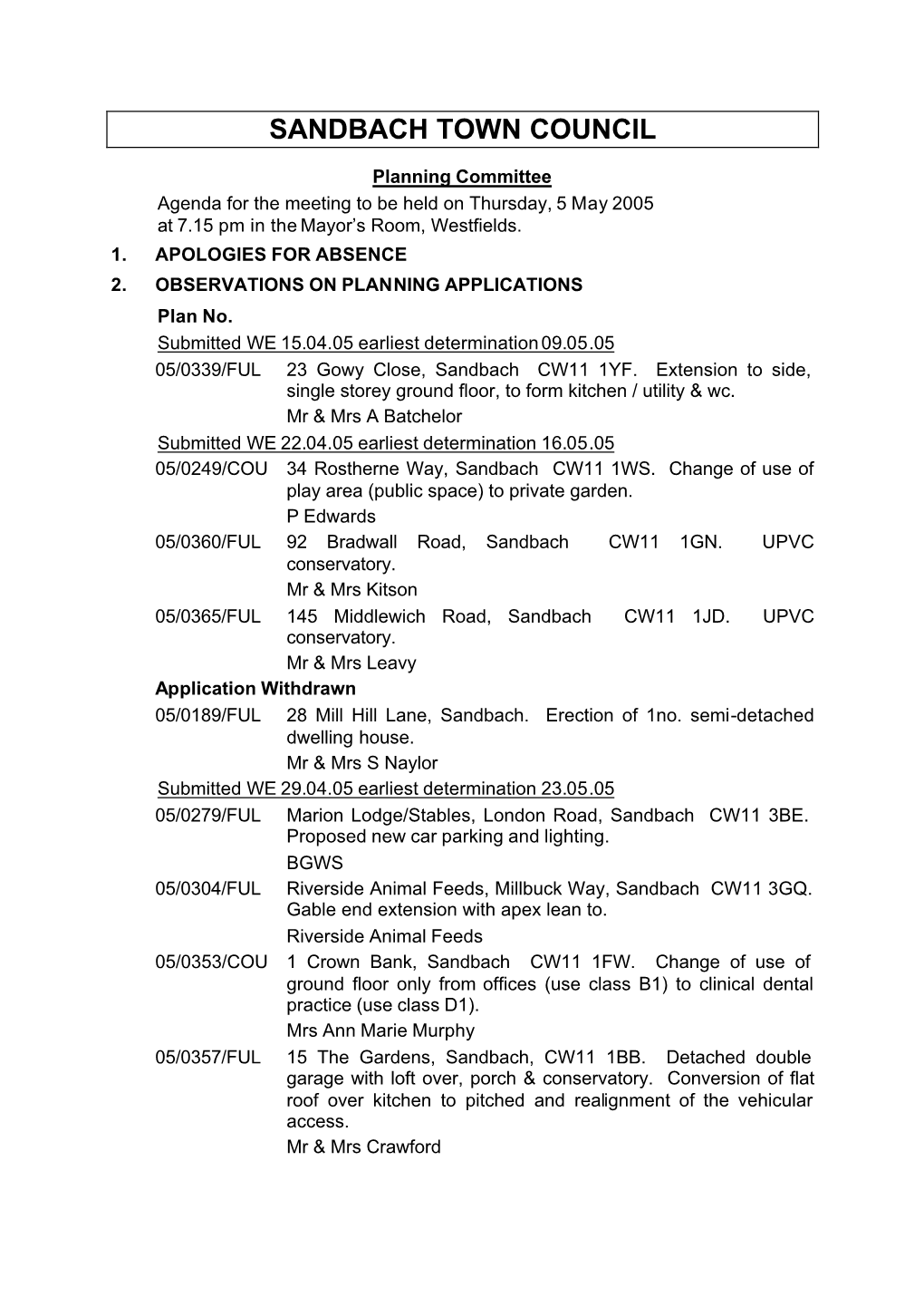 Planning Committee Meeting Agenda 5 May 2005