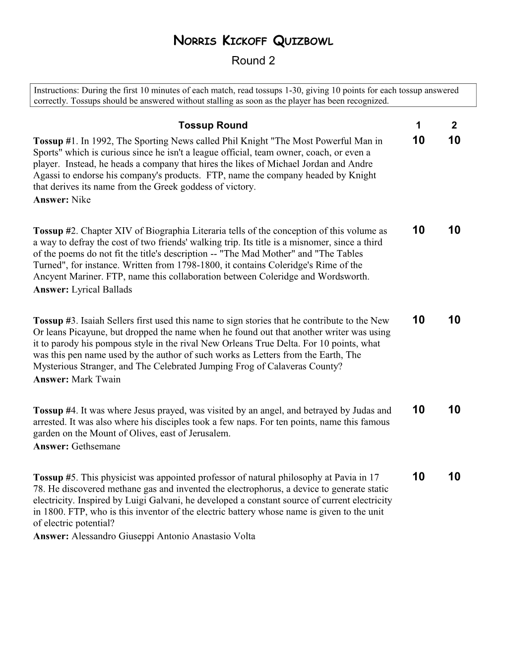 Norris Kickoff Quizbowl 8 Question Set