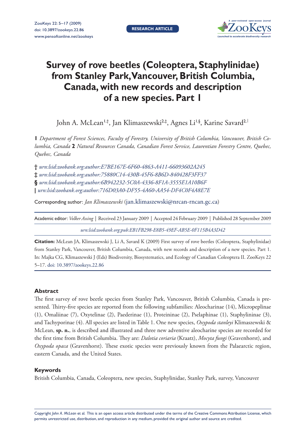 Survey of Rove Beetles (Coleoptera, Staphylinidae)