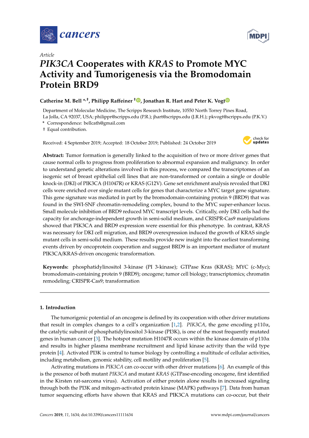 PIK3CA Cooperates with KRAS to Promote MYC Activity and Tumorigenesis Via the Bromodomain Protein BRD9