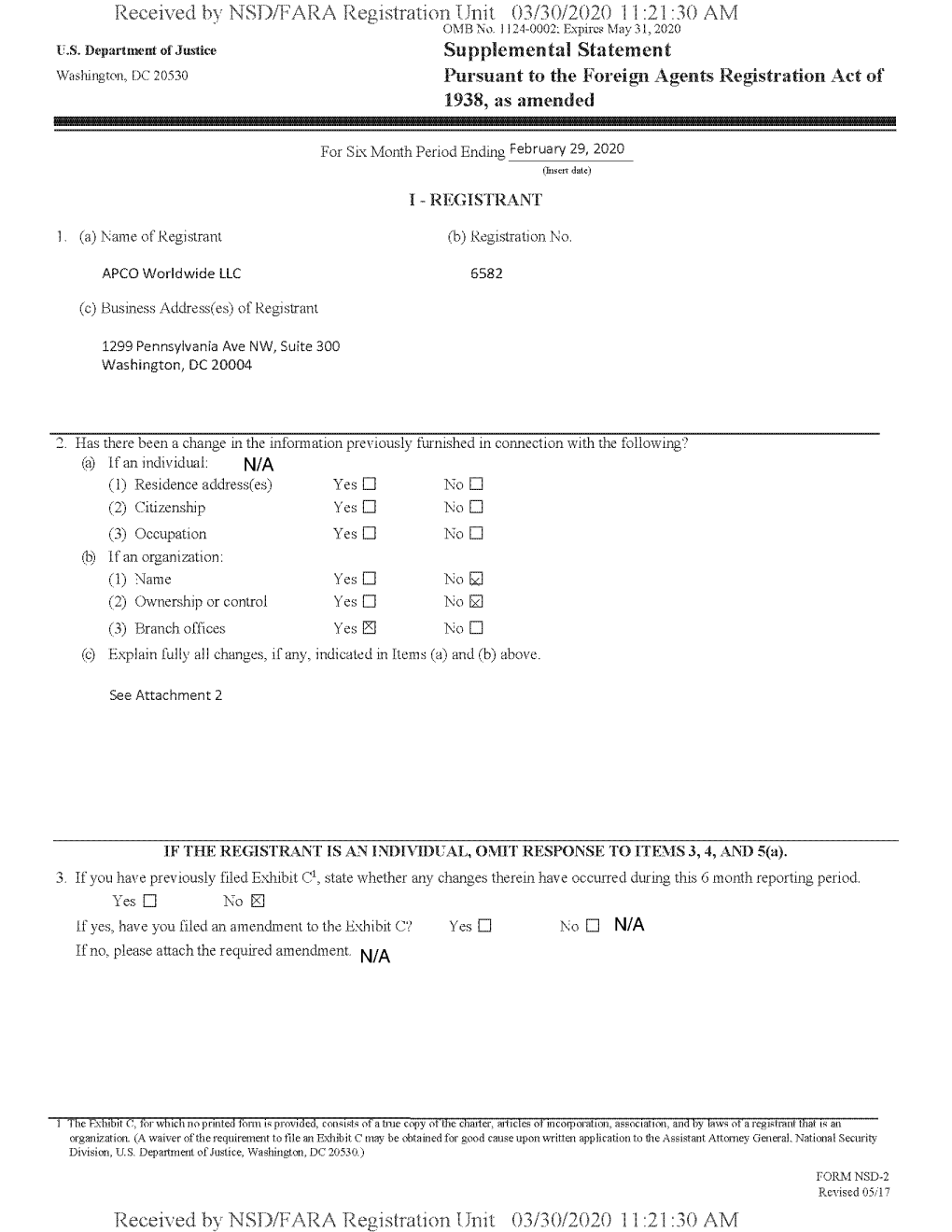 Received Bv NSD/FARA Registration Unit 03/30/2020 11:21:30 AM OMB No